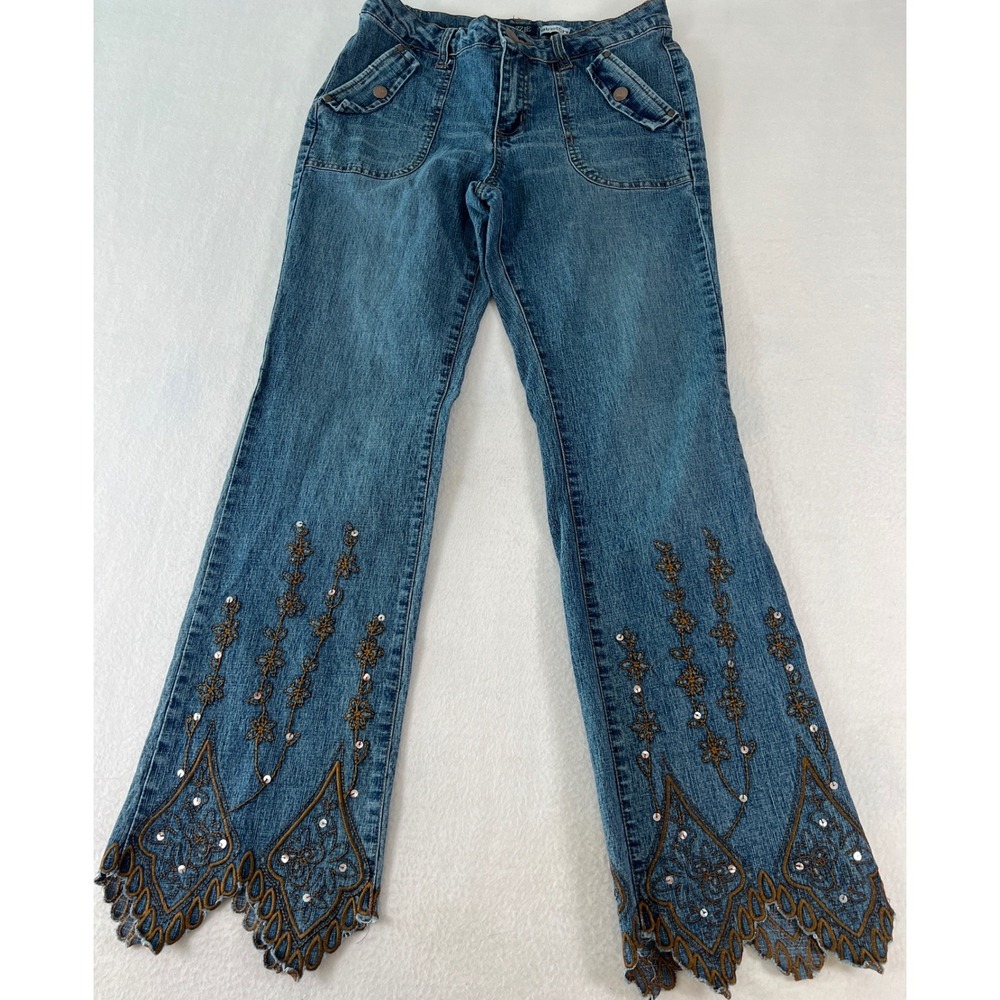 Jazzie Flare Jeans Womens 9/10 Blue Excellent Embroidered Scallop Hem Sequin Y2K